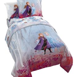 Disney Frozen 2 Forest Spirit Twin Size 5 Pieces Bed Set - Includes Reversible Comforter & Sheet Set - Bedding Features Elsa and Anna - Super Soft