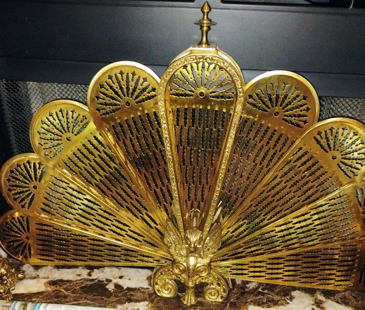 Vtg Japanese Brass Fireplace Hearth Fan Screen Winged Lion Griffin Peacock Style