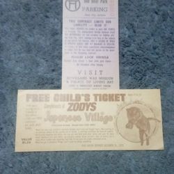 Free Child's Ticket Compliments Of Zodi's To Japanese Village And Parking Ticket 1973