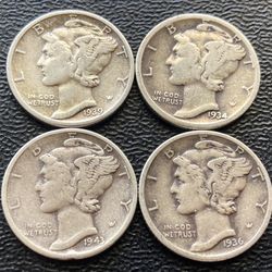 Four (4) Vintage 1940s Silver Mercury Dimes for $25