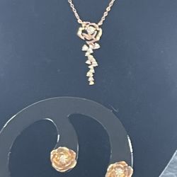Real Moissanite 925 Sterling Silver Rose Gold Plated Flower Rose Pendant Necklace With Matching Stud Earrings 