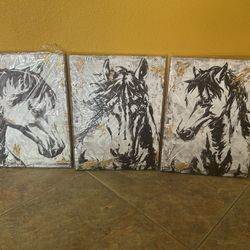 New Set Of 3 Horse Pictures On Canvas. Ready To Hang. Nice Quality 
