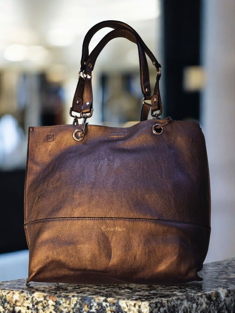 CALVIN KLEIN Leather Tote Brown/Bronze Large Shoulder Bag 17"Lx14"Hx7"W Preloved