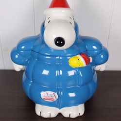 Peanuts Snoopy Blue Puffer Jacket Christmas Cookie Jar Ceramic Hand Painted