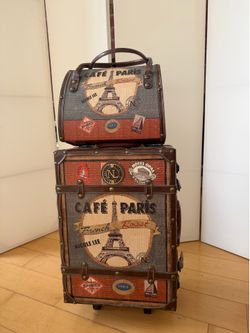 Nicole Lee Café Paris Vintage Trunk Carry-On Rolling Suitcase & Mini Trunk Case