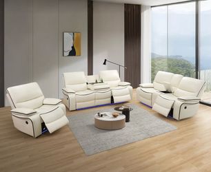 Power electric white leather fully reclining three piece couch set