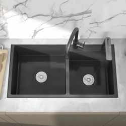 New -32" Black Stainless Steel Kitchen Sink Double Bowls Drop-In Sink With Drain And Overflow