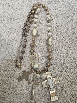 Boho Howlite Pearl Cross Charm Necklace Gold Tone Long Statement Western