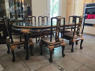 Beautiful Antique Oriental black lacquered dining table set