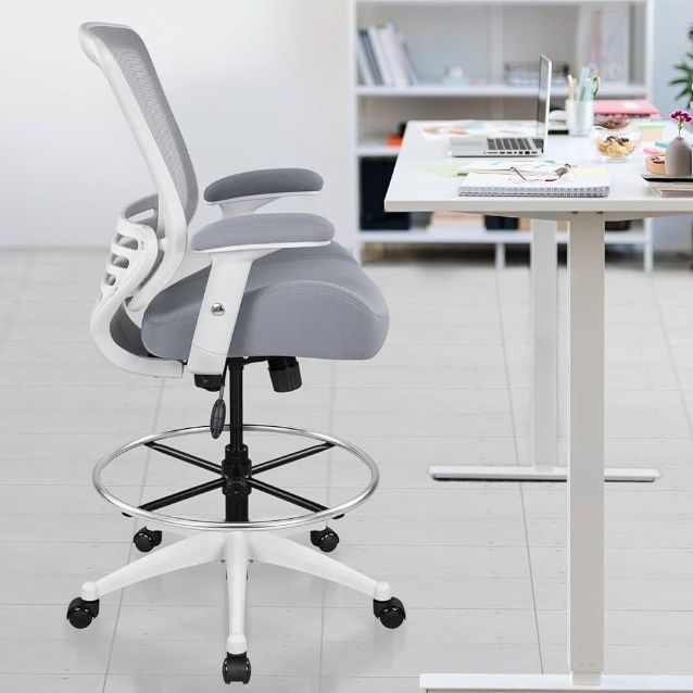 400lbs Mesh Ergonomic Drafting Chair,Tall Office Chair,Height Adjustable Armrest,Lumbar Support,Foot Ring,Swivel Computer Task Chair-Grey