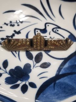 Antique Art Deco Skyscraper Bar Brooch Enamel Rhinestone Geometric Plaque Pin