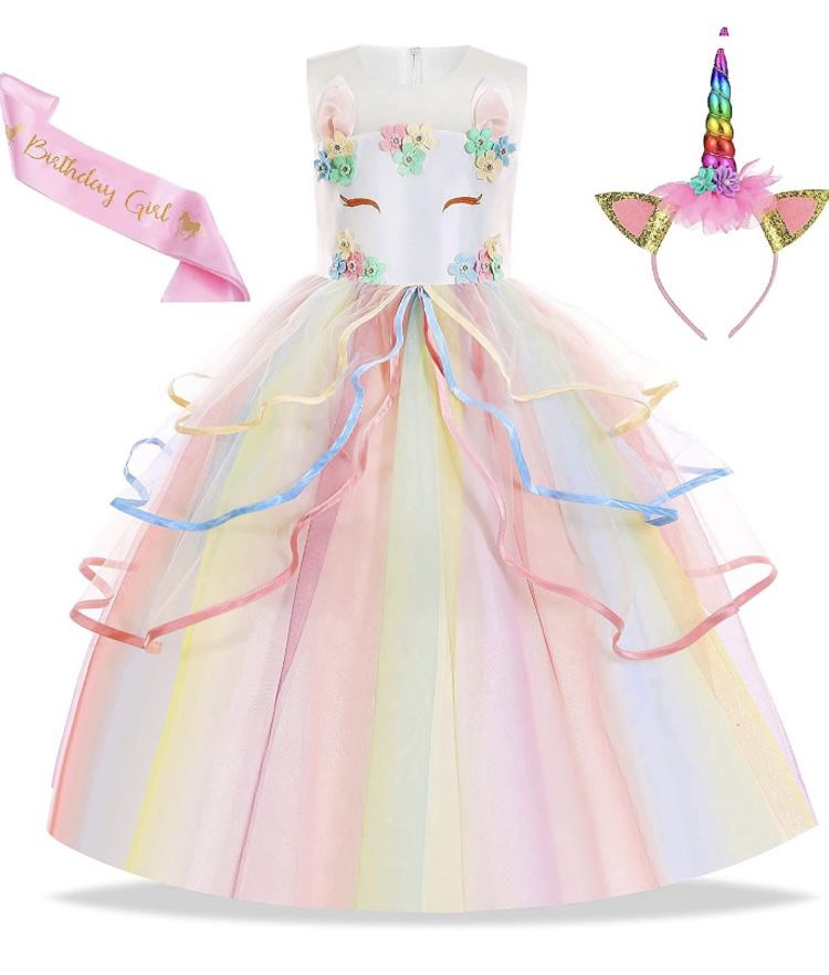 Beejirm Unicorn Dress for Girls Unicorn Costume with Headband & Satin Sash for Birthday Party (150 10-11 Years, Multicolored)