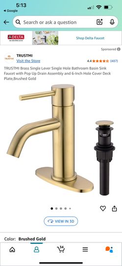 TRUSTMI Brass Single Lever Single Hole Bathroom Basin Sink Faucet with Pop Up Drain Assembly and 6-Inch Hole Cover Deck Plate,Brushed Gold