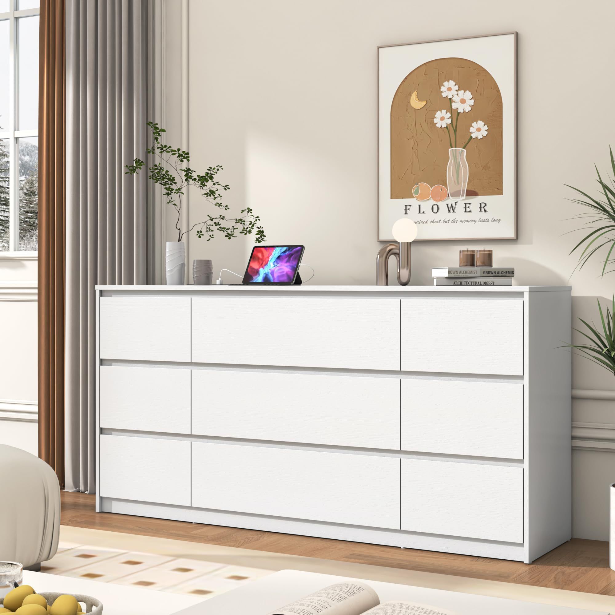 White Dresser for Bedroom, High glossy 63 Inch Long 9 drawers Dresser Modern Large Wood Chest of Drawers Handle Free, Dresser for Kids Bedr