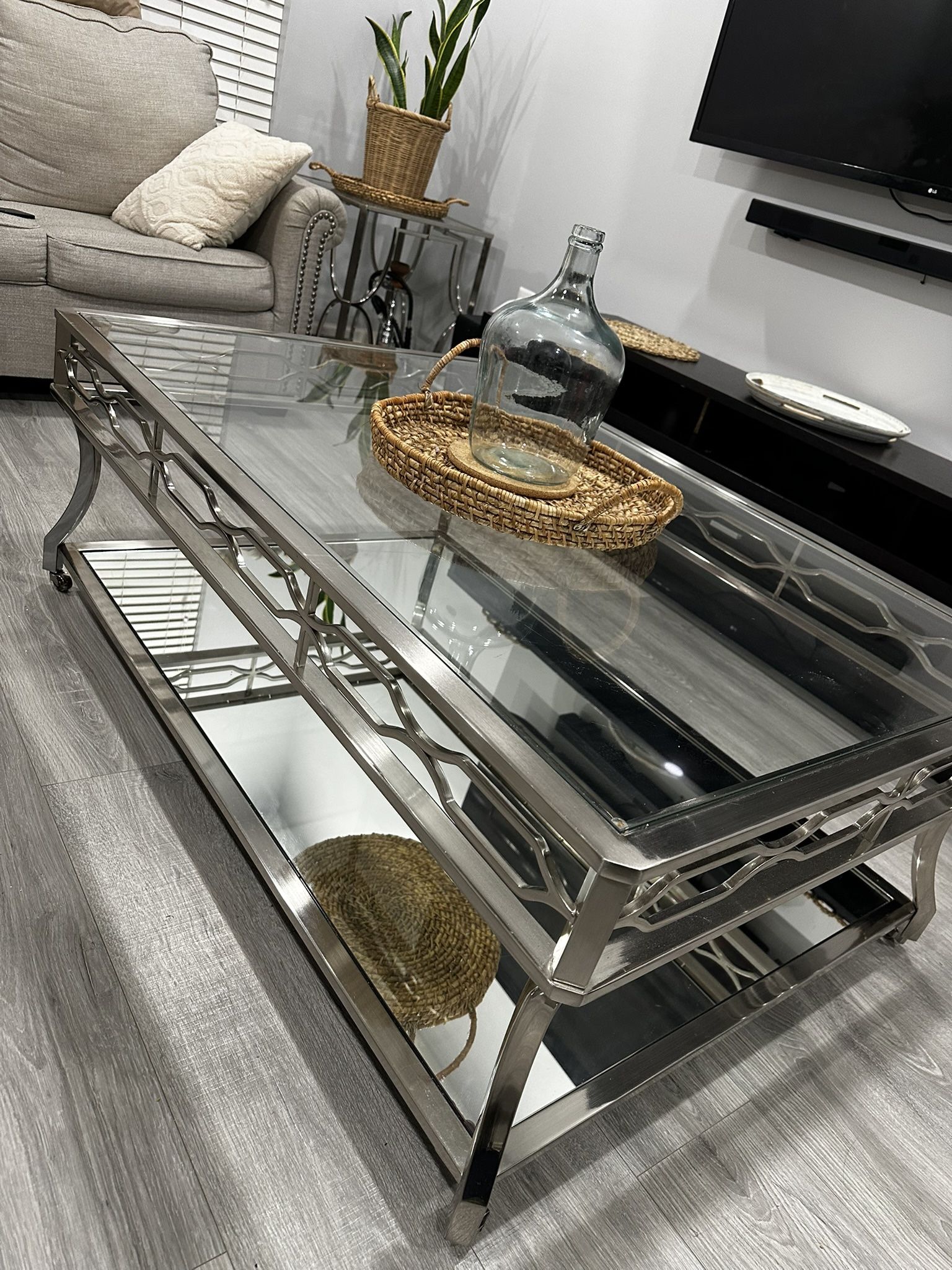 Modern Glass Coffee Table & End Table Set ///Chrome Glass Living Room Table Set (2-Piece)
