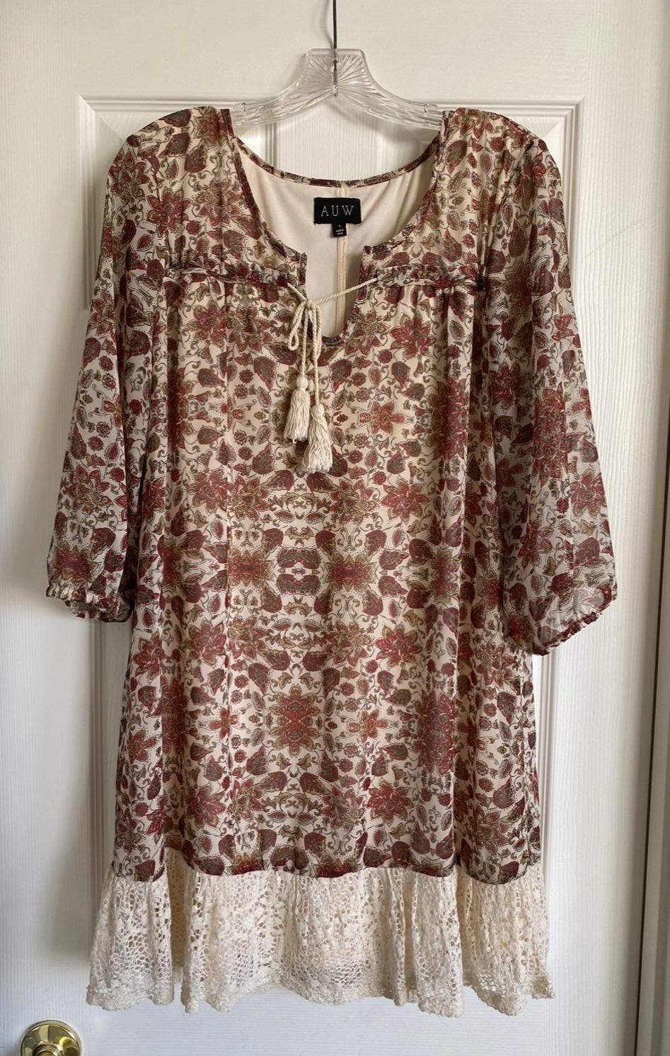 👗 Like-New Boho Floral Lace Tunic Lined Brown Orange Tie Neck Peasant Dress