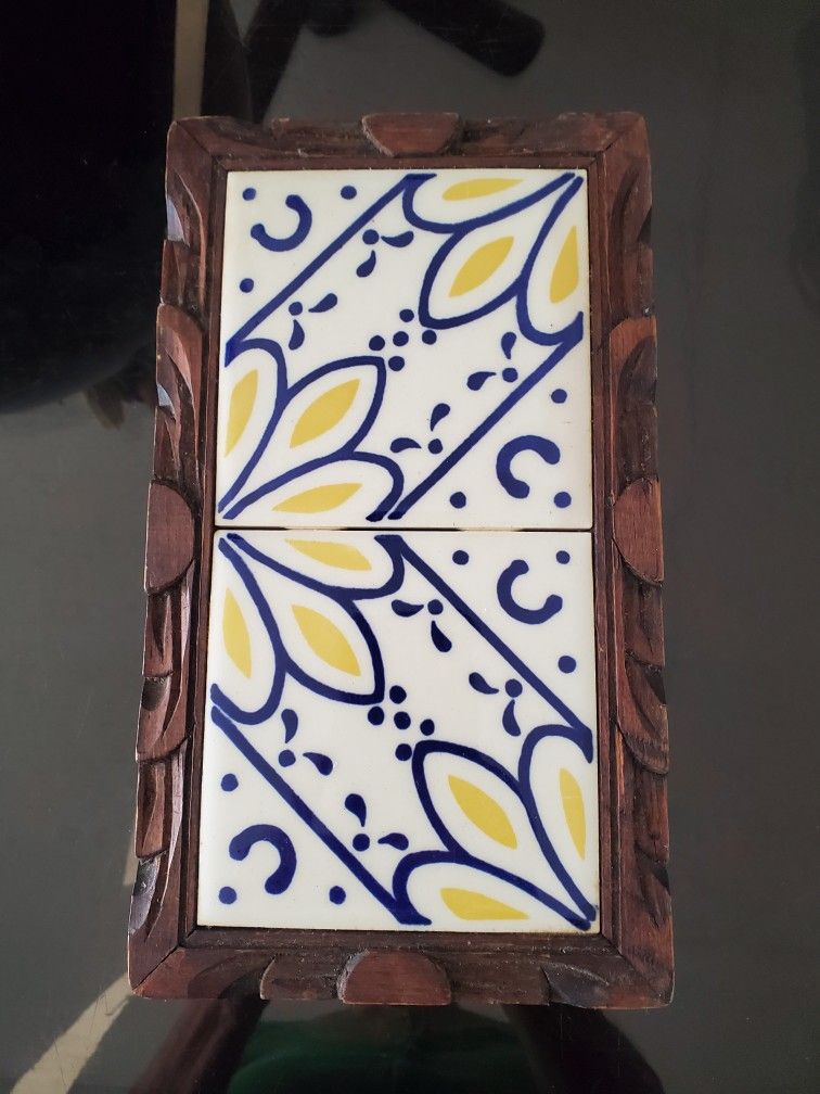 Carved Wood And Ceramic Tiles Trivet 