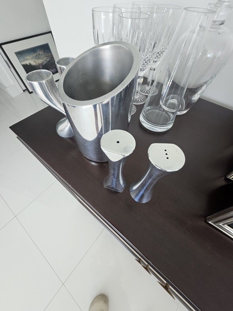 Nambe Candle Stick Holders And Wine Bottle Chiller + Salt Pepper Shakers
