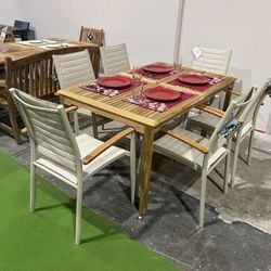 BRAND NEW OPEN BOX 7PC Outdoor Dining Set – 100% FSC Certified Teak Wood Table + 6 Die-Cast Aluminum Armchairs | All-Weather | Delivery Available