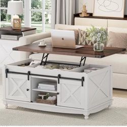  48" Farmhouse Lift Top Coffee Table with Storage Sliding Barn Door, Lifting Tabletop Rustic Center Table with Large Hidden Compartment for Living Roo
