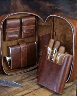 Brizard & Co Havana Cigar Case Cutter, Lighter & Flask Saddle Leather Tobacco