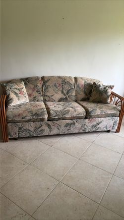 Vintage Coastal Rattan Sleeper Sofa & Matching Glass-Top Table Set