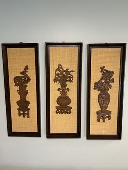 Vintage Mid Century Modern Three Carved Teak Wood Wall Art Panels 