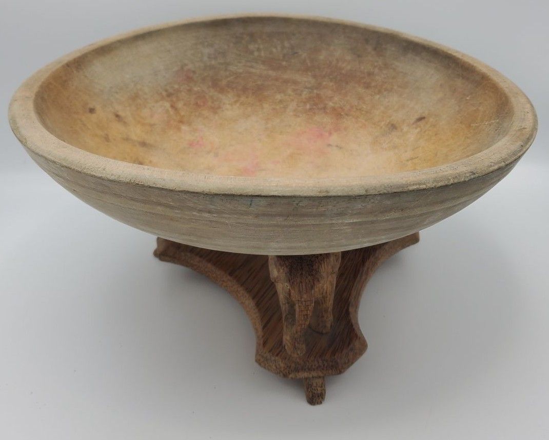 Antique Hand-Carved Wooden Bowl with Elephant Stand