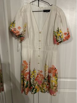 Karl Lagerfeld Paris Women’s Size 12 White Floral Linen Blend Puff Sleeve Midi Dress
