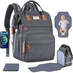 Diaper Bag Backpack, Versatile Large Travel Diaper Bag with Portable Changing Pad and USB Charging Port for Moms Dads, Waterproof Unisex Baby Bag for 