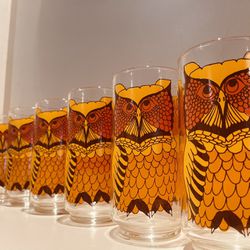 1960s  70s Vintage Retro Owl Glassware Orange Yellow Brown