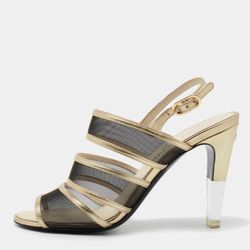 Chanel Gold/Black Mesh and Leather Open Toe Slingback Sandals Size 41