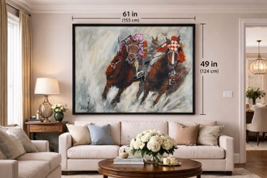 ⭕️ Large Acrylic Painting On Canvas Lee Reynolds “Horse Race” – 61” x 49”