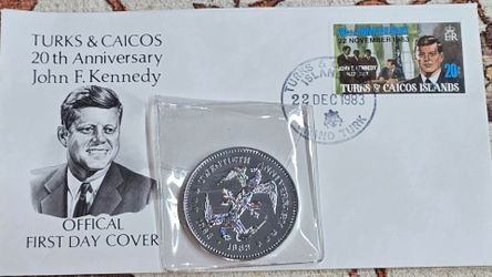 1983 Turks & Caicos John F. Kennedy 20th Anniversary First Day Cover envelope paired with a Commemorative Double Eagle Coin featuring a profile of Joh