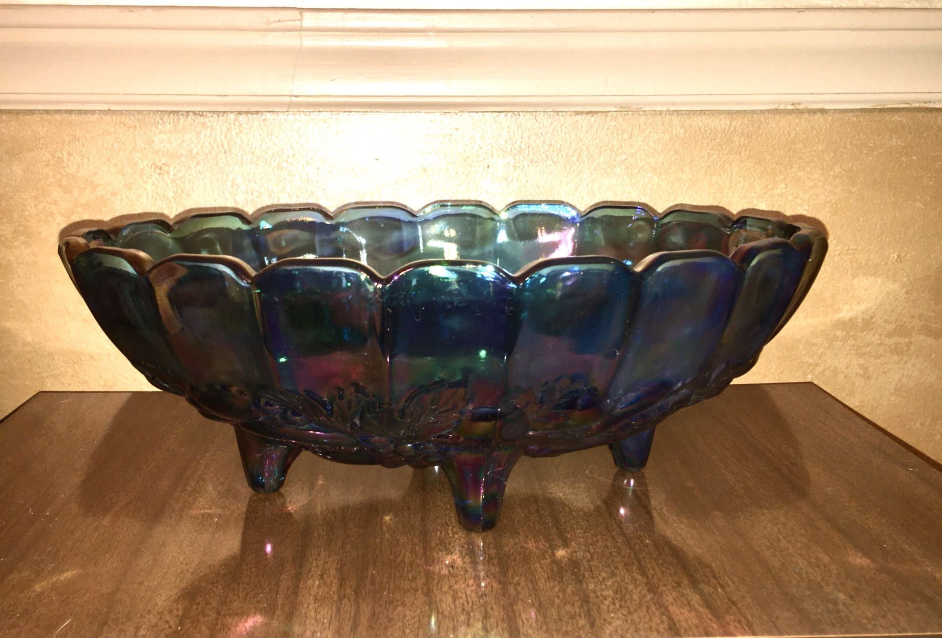 Blue Carnival Glass Footed Fruit Bowl