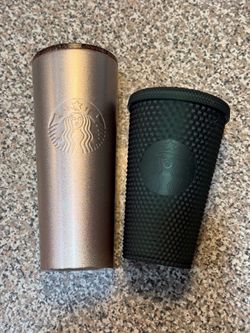 Two Starbucks Cold Drink Cups - Venti Rose Gold & Grande Green Studded