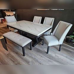 6PC Marble top Dining table set with Gray Bucket chairs