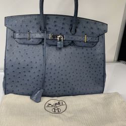 Hermes Birkin 35 in Blue Jean Ostrich Palladium Hardware with Dustbag