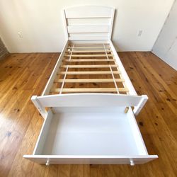 White wood twin size bed frame w/ large storage drawer / can deliver