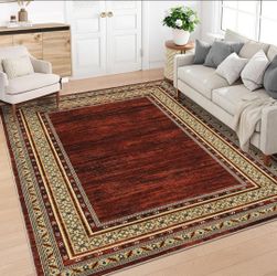Bordered Red 10x13 Area Rug, Modern Distressed Geometric Bordered Floor Carpet, Soft Washable Rug