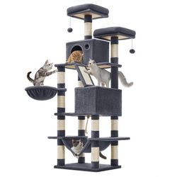 Cat Tree 66.1-inch Large Tower Multi-level Plush Condo With 13 Posts 2 Perches 2 Caves Basket Hammock Pompoms Smoky Gray Upct165g01