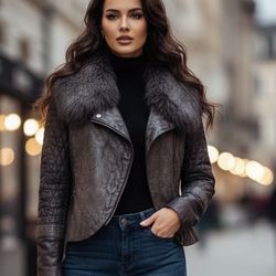Genuine HARMANLI Leather Jacket with Faux Fur Collar - Size L/XL (Made in Turkey)