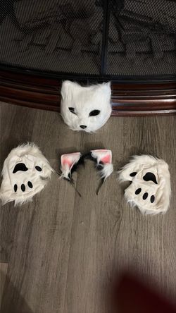 White Furry Cat Costume Set with Mask and Paws