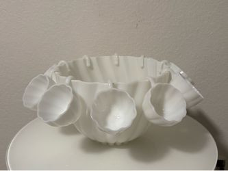 Vintage White Milk Glass Punch Bowl with 10 Cups