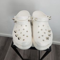 White Glitter Crocs with Silver Spikes – Custom Studded – Size 8 – Like New