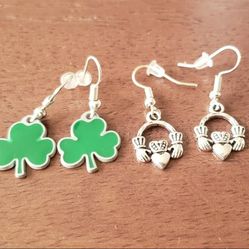 2 Pairs of St. Patrick's Paddy's March Day earrings shamrock green lucky claddagh heart silver color ** penny is there for reference not included***