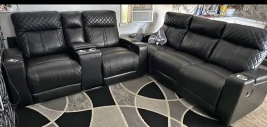 BLACK LEATHER RECLINER SOFA & LOVESEAT - LED’s & SPEAKERS 🔊