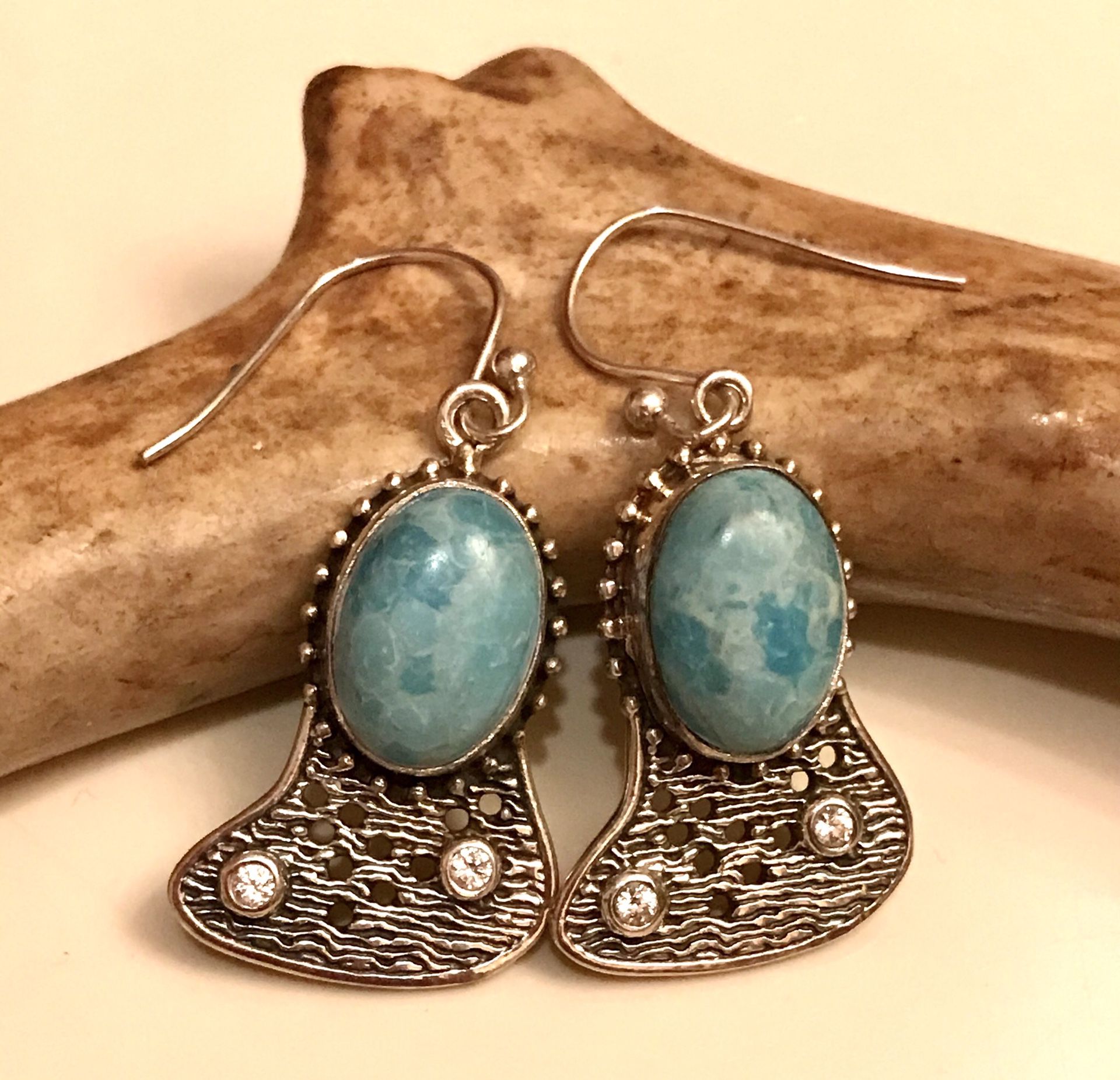 Gorgeous Larimar Sterling Silver Dangling Earrings with Simulated Diamonds