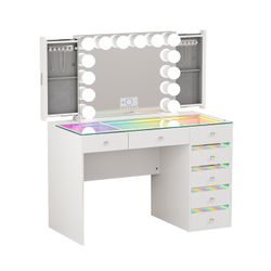 VANITII Fenair 7 Drawers Vanity Desk with Lighted Mirror & Hidden Jewelry Racks