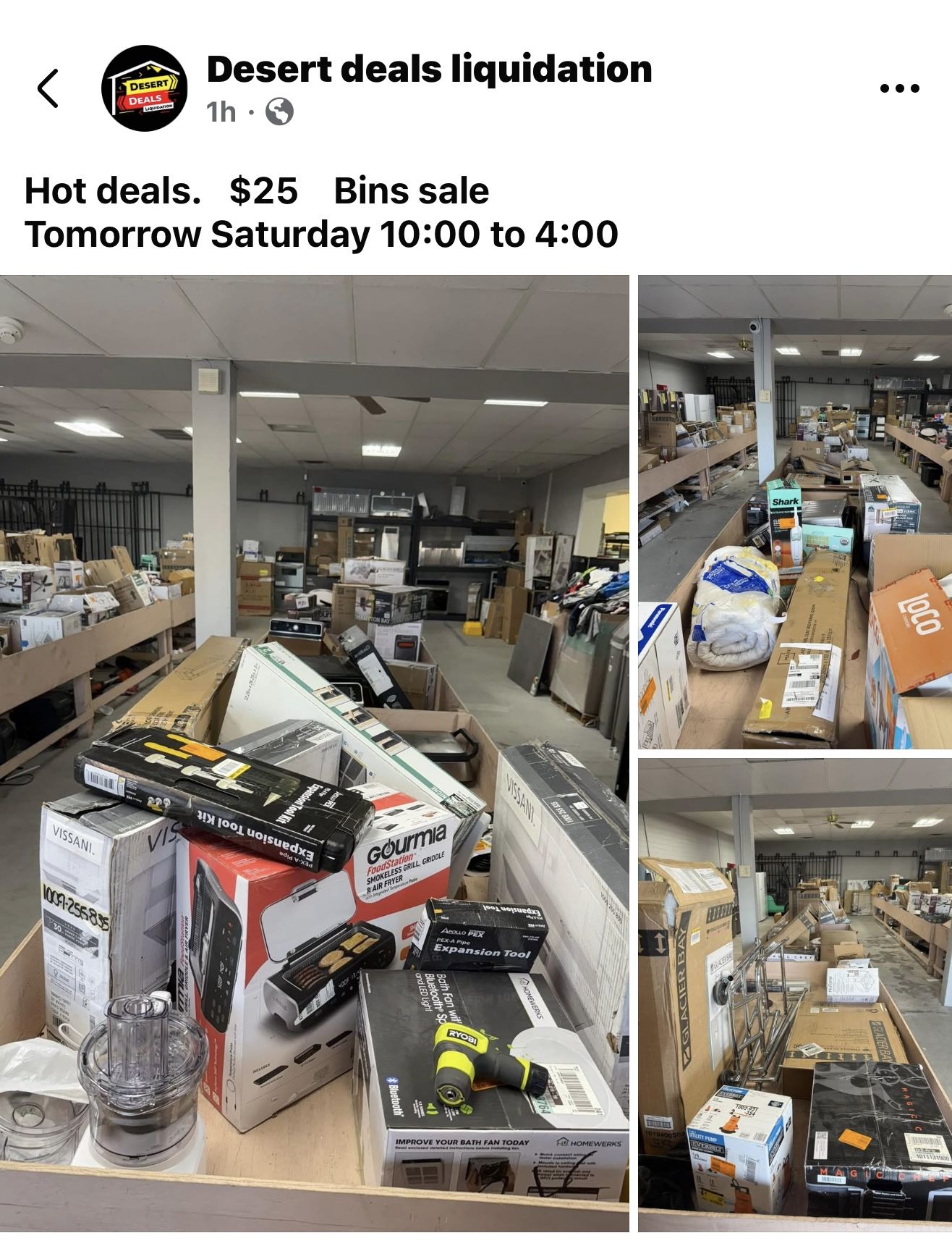 Desert deals liquidation has a hot deal Monday 03/29 all bins $25 from 10-4 locations 1322 S 4th ave yuma az 85364